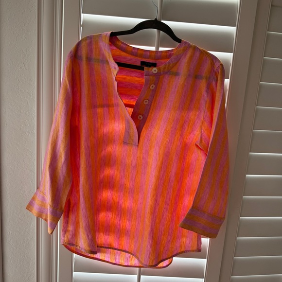 J. Crew Popover Linen Striped Top Relaxed Fit Pink Orange - Picture 7 of 10